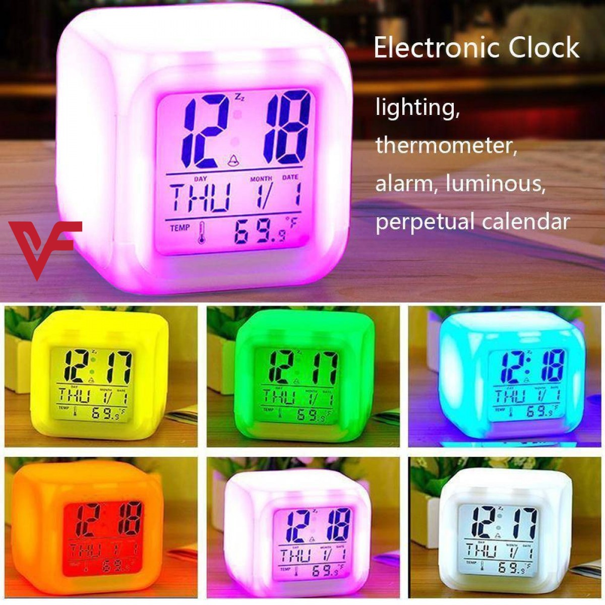 7 Color Changing Led Lights Big Size Digital Screen Temperature & Calendar & Battery Operated Glowing Led Table Alarm Clock Dice