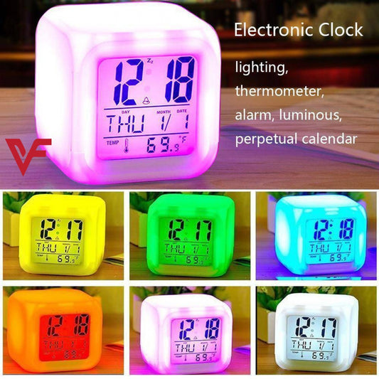 7 Color Changing Led Lights Big Size Digital Screen Temperature & Calendar & Battery Operated Glowing Led Table Alarm Clock Dice